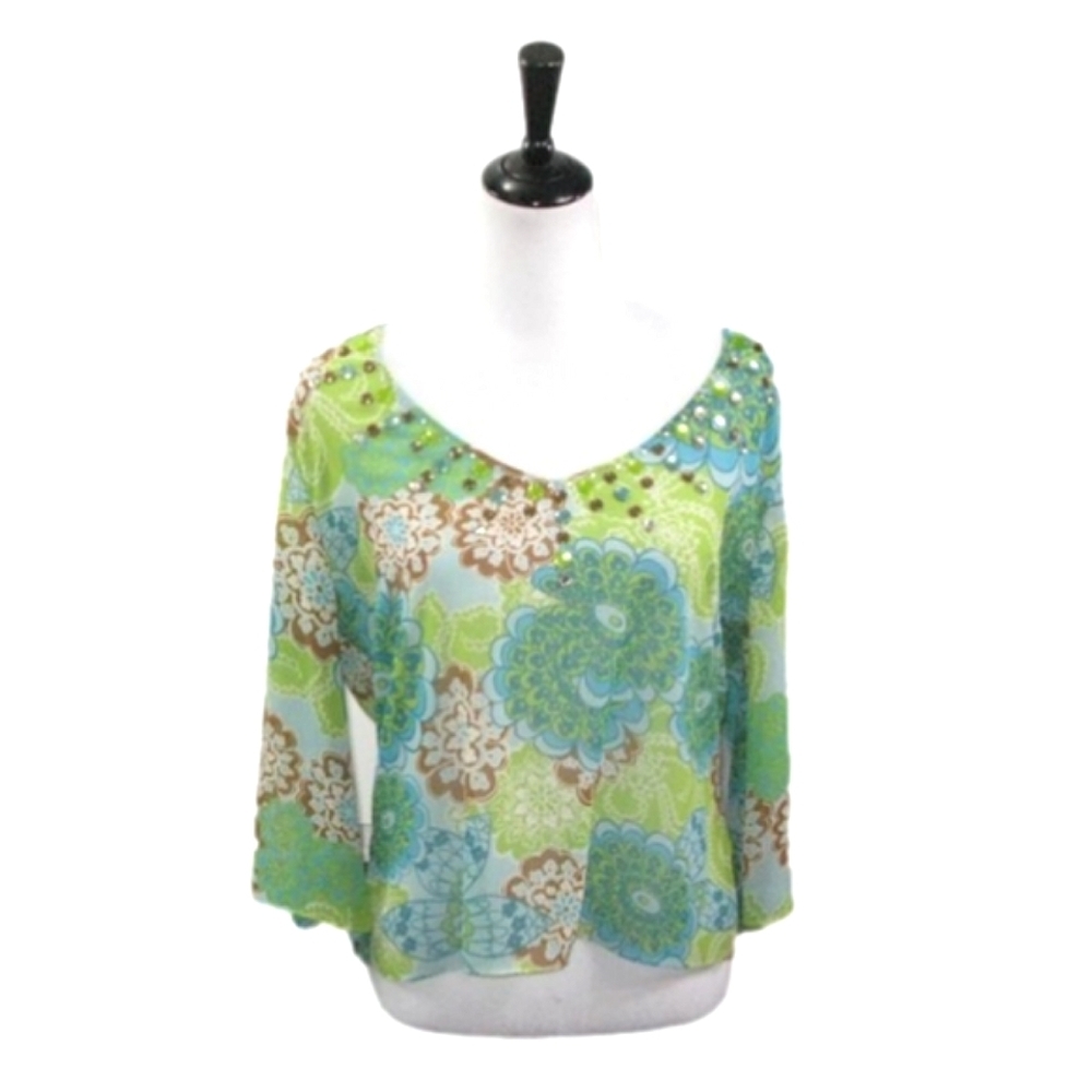 Daisy Fuentes Light Green/Brown Floral Semi-Sheer Beaded Blouse Size Large